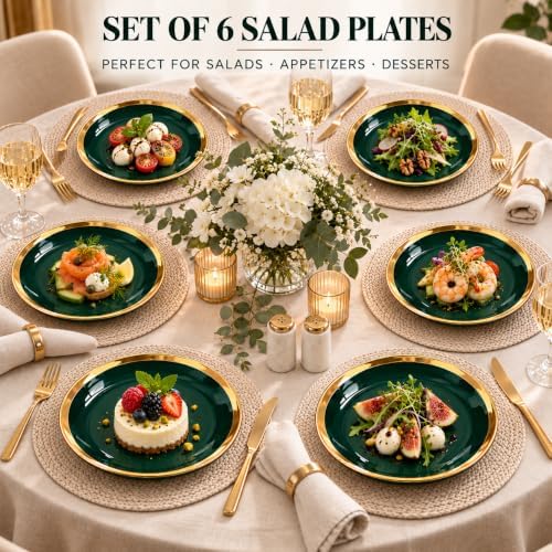 7.5-Inch Porcelain Salad Plates Set of 6, Green Gold Trim - Image 7