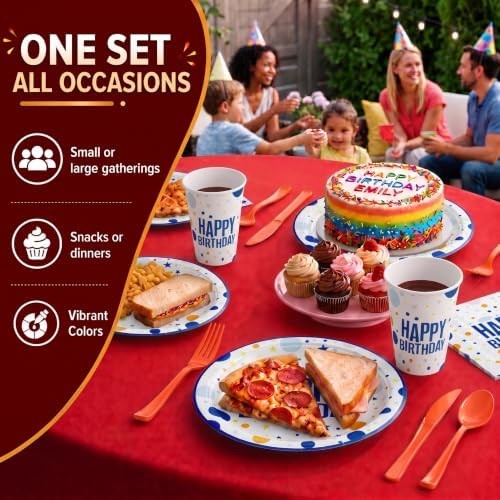 Exquisite 350 Pcs Blue Happy Birthday Plates and Napkins Set, Blue Birthday Plates Set, 50 Of Each 9" Dinner Plate, 7" Dessert Plate, 12 oz Cups, Napkins & Cutlery Plastic Dinnerware Set Set - Image 5