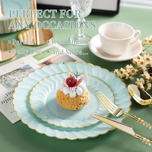 Lullaby 60PCS Sage Green Scalloped Plastic Plates with Gold Rim for Party - Image 5
