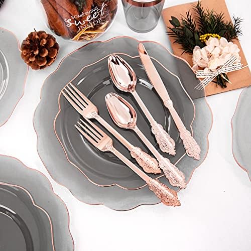 BUCLA 30Guests Clear Black Plastic Plates With Rose Gold Silverware & Cups - Rose Gold Rim Plastic Dinnerware Ideal for Party & Wedding - Image 4