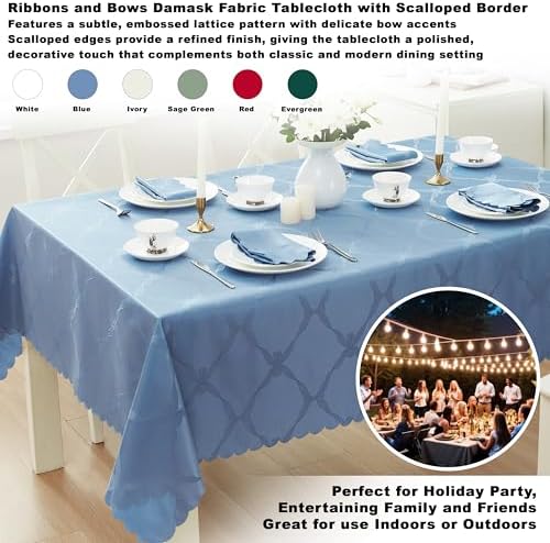 Newbridge Ribbons and Bows Damask Fabric Tablecloth, Blue, 60 x 102 Inch Rectangle, Wrinkle & Stain Resistant Table Cover - Image 2