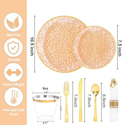 Rubtlamp 700Pcs Orange Gold Plastic Dinnerware Set, Hammered Clear Gold Plates, Fancy Plastic Plates Include 100 Dinner Platos, 100 Salad Platos, 100 Cups, 100 Pack Pre Rolled gold plastic Silverware - Image 2