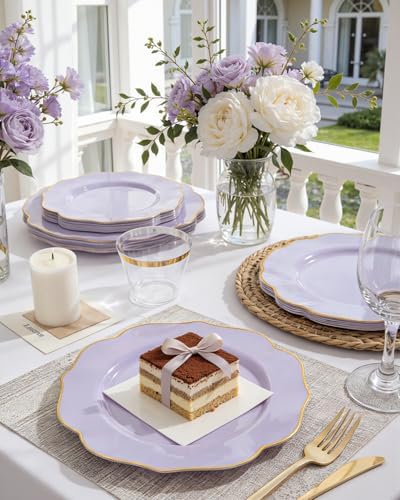 bUCLA 180PCS Purple Plastic Plates - Disposable Purple with Gold Rim, Include 30 Each (Dinner & Salad) Plates, 30 Knives, 30 Forks, 30 Spoons, 30Cups for Party, Shower & Birthday - Image 5