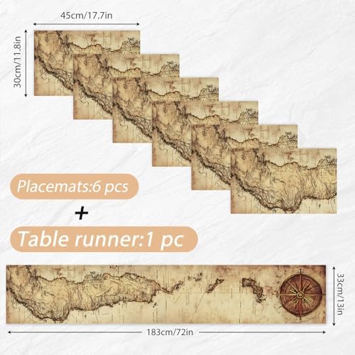 ANNA QUEEN Vintage Map Table Runner and Placemats Set of 6 – 13"x72" Table Runner & 12"x18" Placemats, Antique World Map Travel Theme Dining Table Decor - Image 2