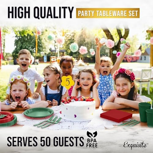 350 Pcs Christmas Plastic Plates for Party Red & Green Disposable Plates Set 50 of Each 9 Dinner Plate Set 7 Dessert Plate Cups Napkins & Cutlery Plastic Dinnerware Exquisite - Image 6