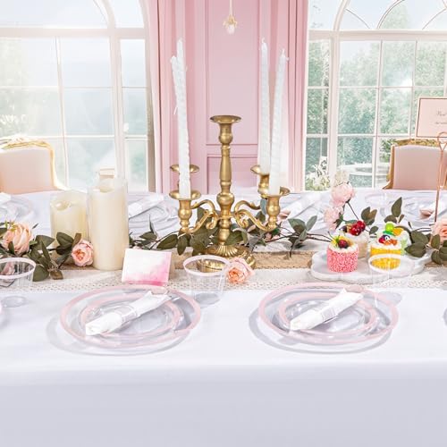 I00000 350 Pcs Clear and Pink Plastic Plates Dinnerware Set for 50 Guests - Image 3