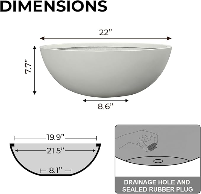 7.7" H x 22" D Round Bowl Fiberstone Planter for Succulent and Lotus with Drainage Hole, Smooth Finishes, Weather Resistant, Included 2 Extra Coco Mats (Light Gray, 19.9" Pot Opening)