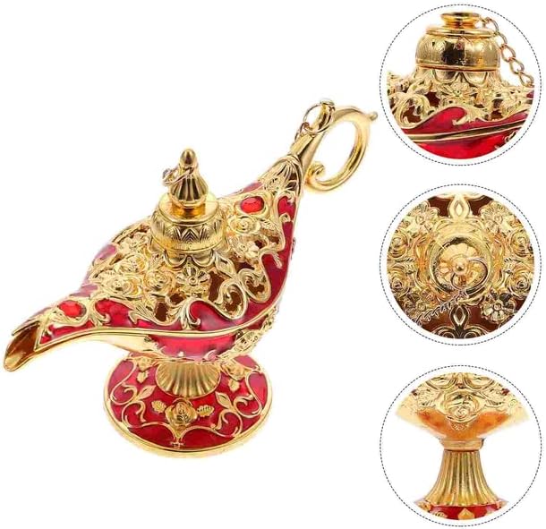 Mini Vintage Aladdin Magic Genie Lamp,Metal Wishing Light,Arabian Costume Props Lamp Tabletop Decor Crafts for Home/Wedding Decoration&Gift for Party/Halloween/Birthday (Golden Red)