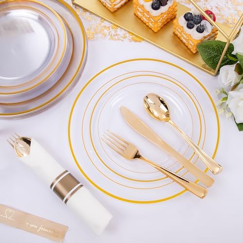 WELLIFE 210PCS Clear-Gold Plastic Plates - Dinnerware Sets for 30 Guests - 60 Disposable Plates, 90 Plastic Silverware, 30 Cups, 30 Napkins for Party - Image 6
