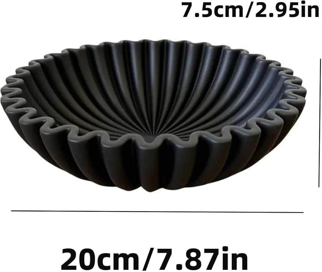 Large Decorative Bowl - 7.9in x 2.6in - White Decorative Bowls for Home Decor - Ruffle Decor - Fluted Bowl - Scalloped Bowl-Stylish Key for Entry Table(Black)