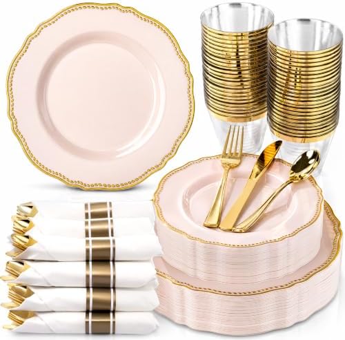 Hioasis 175 Pcs Pink and Gold Plastic Plates Wedding & Party by Hioasis