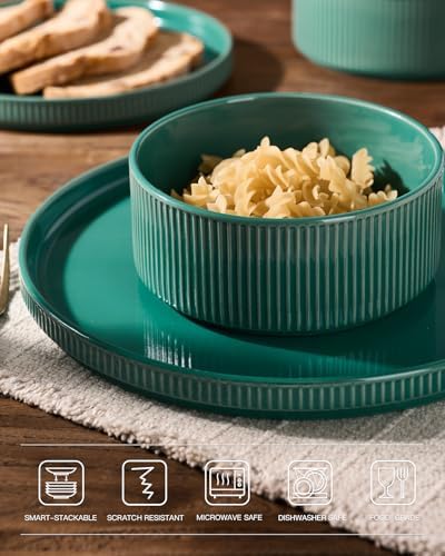 Famiware Stoneware Dinnerware Set with Pasta Bowls, Sage Green Dishes for 6 - Image 4