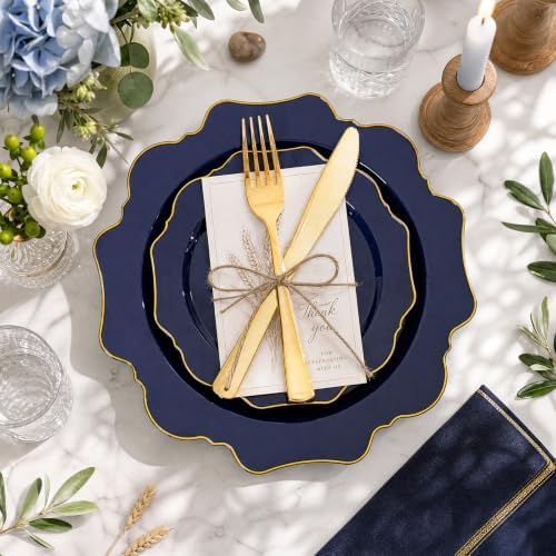 WDF 50PCS Navy Blue Disposable Plates Fancy Blue Plates with Gold for Party - Image 5