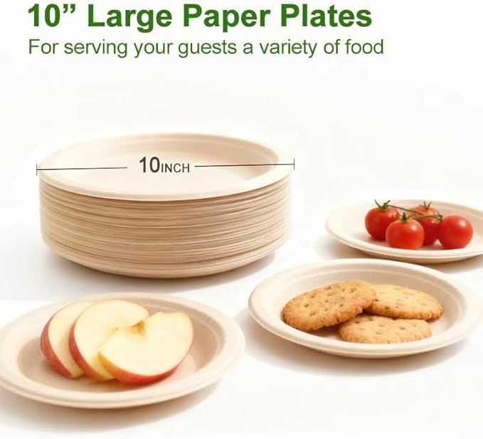 Disposable Plates, 10 Inch,100 pack, Natural Color, bagasse,sugarcane,Biodegradable Paper Material, Round Shape