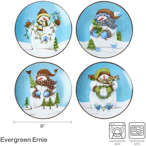 Pfaltzgraff Evergreen Ernie Snowman Porcelain Salad Plates, Set of 4, 8 Inch, Blue - Image 2