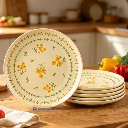 Modern Yellow Daisy Ceramic Dinner Plates, Set of 6, 10.25-Inch Large Serving Plates for Kitchen, Microwave, Oven & Dishwasher Safe by FANGJING