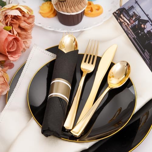 Supernal 60 Pack Pre Rolled Gold Plastic Silverware with Black Napkins Set - Image 3