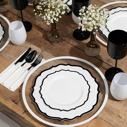 PLASTICPRO 64 Pack Elegant Disposable Plastic Plates Combo Set Includes 32 Dinner Plates and 32 Salad Plates Heavy Duty Fancy Party Plates White & Black Contemporary Design - Image 2