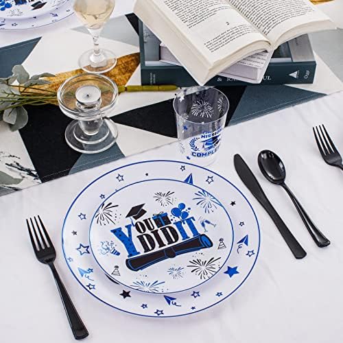 Liacere 150PCS Graduation Plastic Plates - Black and Blue Plastic Plates, Party Plates include 50Plates 25Knives 25Forks 25Spoons 25Cups for Graduation Party - Image 6
