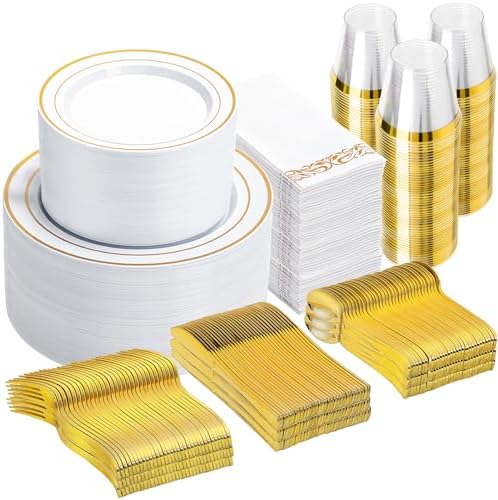 N9R 700PCS White and Gold Plastic Plates, Disposable Dinnerware Set by N9RTABLEWARE