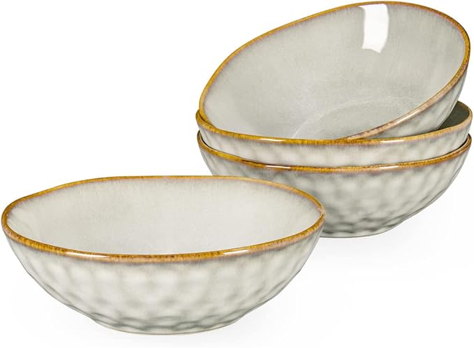 Henten Home Ceramic Soup Bowl Set, 25 oz Cereal Bowls Set of 4, Porcelain Salad Bowls Set, Stoneware Serving Bowls for Kitchen, Microwave& Dishwasher Safe, Reactive Glaze (White)