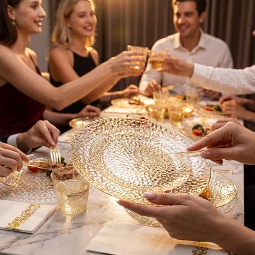 Rubtlamp 175 Pcs Gold Glitter Plastic Plates, Hammered Disposable Plates Set (25 Guests), Glitter Dinnerware Set Include 50 Plastic Plates, 75 Glitter Silverware, 25 Cups And 25 Napkins for Party - Image 6