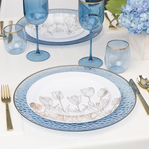 PLASTICPRO 128 Pack Elegant Disposable Plastic Plates Combo Set Bulk Pack Includes 64 Dinner Plates and 64 Salad Plates Heavy Duty Fancy Party Plates White with Gold Tulip Design - Image 2