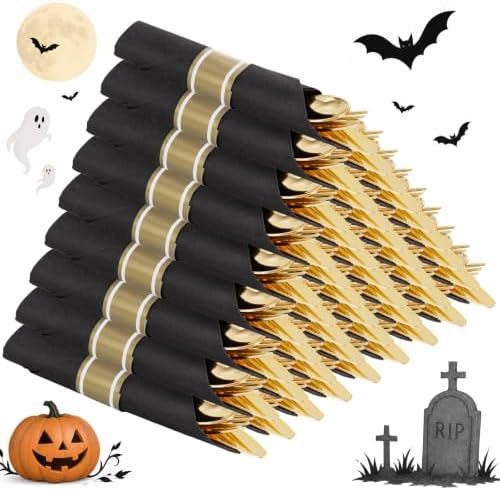 Supernal 60 Pack Pre Rolled Gold Plastic Silverware with Black Napkins Set by supernal
