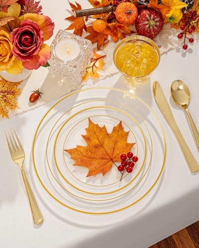bUCLA 150Pcs Clear Gold Plastic Dinnerware Set - Clear and Gold Disposable Plates Include 25 Dinner / 25 Dessert Plates,25 Knives,25 Forks,25 Spoons,25 Cups for Party - Image 3