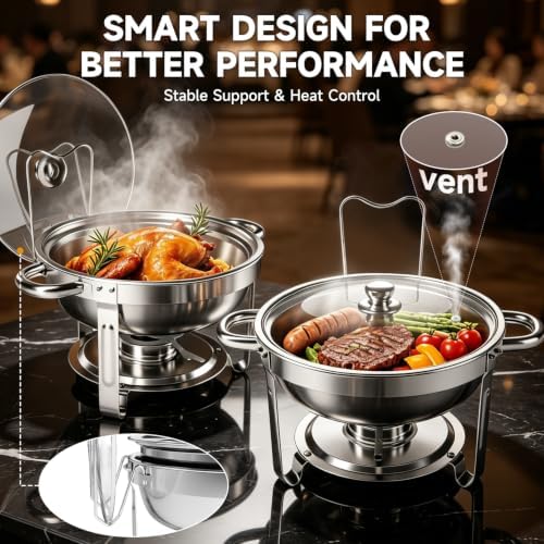 Chafing Dishes for Buffet, 4 Pack 5QT Stainless Steel Round Buffet Servers and Warmers, Buffet Warmer Set with 4 Serving Tongs & Spoons, Food Warmers for Parties, Weddings, Catering Events - Image 4