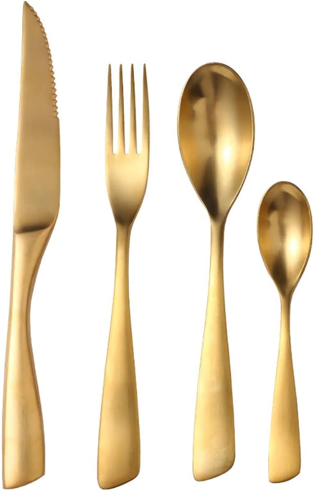 16 Piece Gold Silverware Set for 4,Modern Unique 18/10 Stainless Steel Flatware Cutlery Set, Eating Tableware Set,Vintage Luxury Style Cutlery Set for Home Restaurant Wedding Party