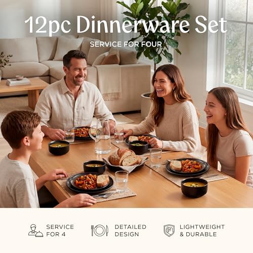 Joseph Sedgh Collection Durable Stoneware Dinnerware Set with Reactive Glaze Finish, 12-Piece, Ari Matt Black - Image 2