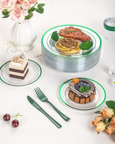 Goodluck 175 Pcs Clear Green Disposable Plastic Plates, Plastic Silverware - Image 3