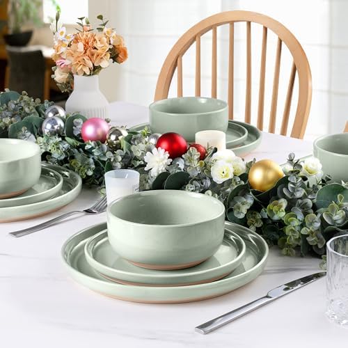 LIANYU Porcelain Dinnerware Set for 2, 6 PCS Stoneware Dinner Plates and Bowls, Ceramic Dining Dishes Set for Dessert Salad Pasta, Microwave & Dishwasher Safe, Fog Green - Image 6