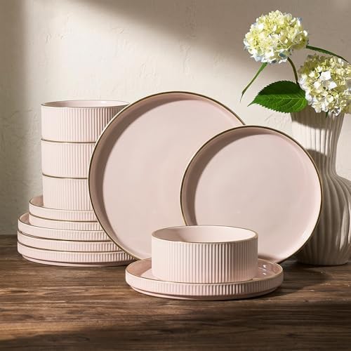 Famiware Plates and Bowls Set with Rim, Stoneware Dinnerware Sets for 4 by Famiware