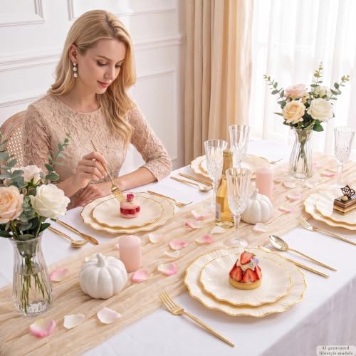 Rubtlamp 60Pcs Ivory Scalloped Gold Plastic Plates, Disposable Plates With Gold Rim, Heavyduty Plastic Plates Include 30 Dessert Platos, 30 Dinner Platos for Party - Image 4