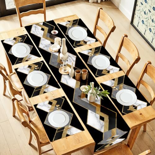 ANNA QUEEN Modern Black and Gold Marble Table Runner and Placemats Set of 6, 13"x72" Table Runner with 12"x18" Placemats, Geometric Luxury Dining Table Decor for 4 to 6 People by ANNAQUEEN