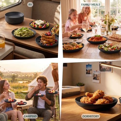 Homienly Wheat Straw Plates Unbreakable Deep Dessert Plates Set of 8 Plastic Plates Reusable Microwave Safe Plate for Kitchen Camping Party Dishwasher Safe Stackable Appetizer Plates (8in, Black) - Image 7