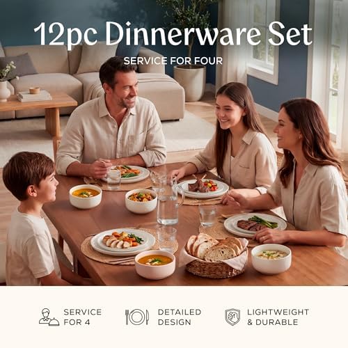 Joseph Sedgh Collection Durable Stoneware Dinnerware Set with Reactive Glaze Finish, 12-Piece, Kai White - Image 4