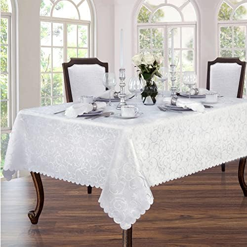 Newbridge Portofino Scalloped Damask Fabric Tablecloth, 60 x 120 Inch Rectangle, White, Wrinkle and Stain Resistant Fine Dining Holiday Party Table Cover by HomeBargainsPlus