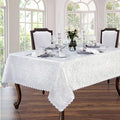 Newbridge Portofino Scalloped Damask Fabric Tablecloth, 52 x 52 Inch Square, White, Wrinkle and Stain Resistant Fine Dining Holiday Party Table Cover by HomeBargainsPlus
