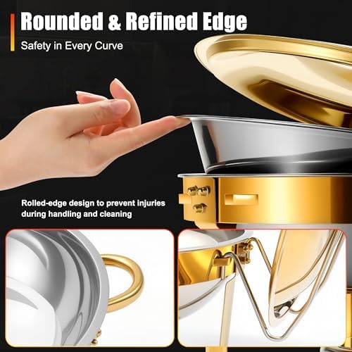 Chafing Dishes Buffet Food Warmer - Parties Servers Trays Catering Dish Warming Display Set - Chafers Keep Warm Serving Tray Round Heating Kit with Burners 4 Set Gold - Image 3