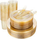 WELLIFE 300PCS Gold Glitter Plastic Plates, Gold Plastic Dinnerware Includes: 50 Dinner and 50 Dessert Plates, 150 Cutlery, 50 Cups for Party by WELLIFE