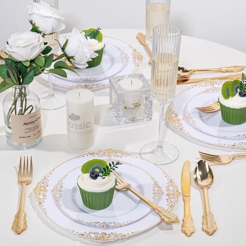 125PCS White and Gold Plastic Plates and Silverware for Wedding - Image 5