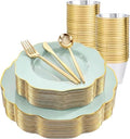bUCLA 180PCS Green Plastic Plates - Disposable Sage Green with Gold Rim - Include 30 (Dinner & Dessert) Plates, 30 Knives, 30 Forks, 30 Spoons and 30 Cups for Party, Spring & Shower by BUCLA