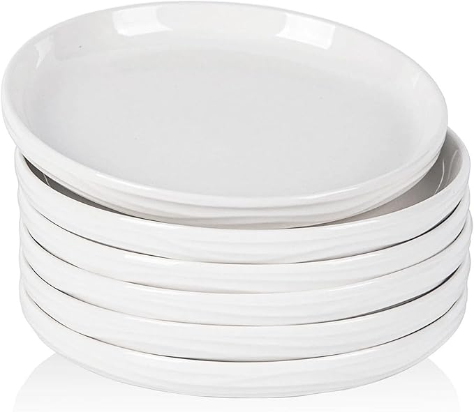 White Salad Plates Set of 6, 8 Inch Small Ceramic Ribbed Texture Dinner Plates, Kitchen Serving Dishes for Appetizer, Dessert, Microwave & Dishwasher Safe, Scratch Resistant
