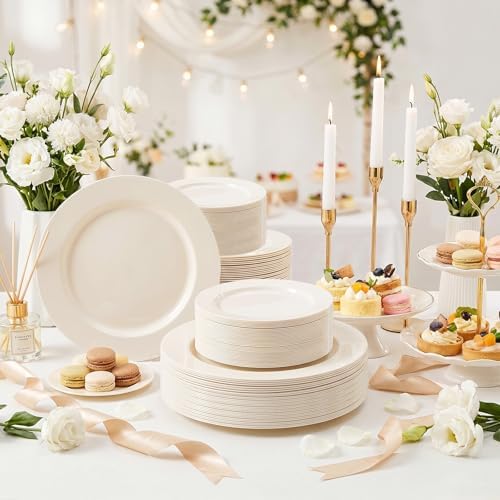 I00000 102 Pcs Ivory Plastic Plates, Disposable Party Plates Include 51 Ivory Dinner Plate 10’’ and 51 Plastic Dessert Plate 7’’ Perfect for Birthday, Party & Wedding (Pack of 2) - Image 3