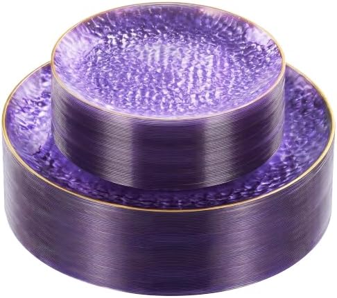 realluck 100Pcs Clear Purple Plastic Plates with Gold Rim by Realluck