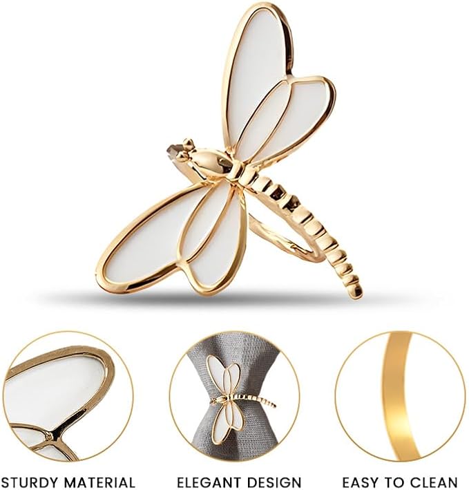 Decozen Set of 8 White Gold Napkin Rings in Dragonfly Design Festive Table Decor Setting for Holiday Wedding, Birthday, Kitchen, Home Decor Housewarming Gift - Mothers Day Decorations