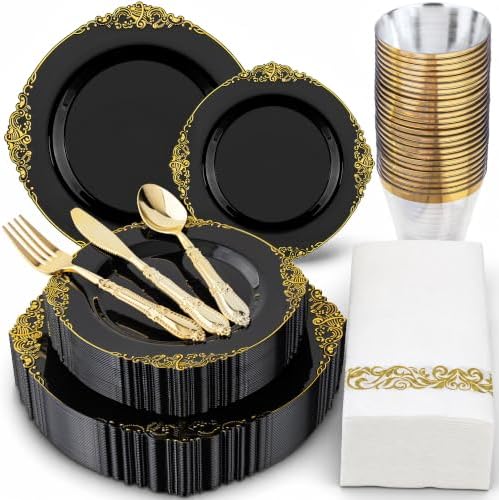 Morejoy 175PCS Black and Gold Plastic Plates Dinnerware Sets for 25 Guests by Morejoy